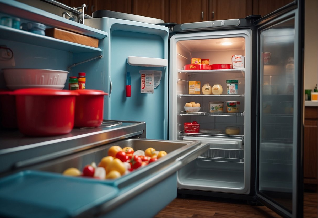 A clean, organized kitchen with a freezer door open and a Babybel cheese placed inside. A thermometer nearby reads below freezing temperature