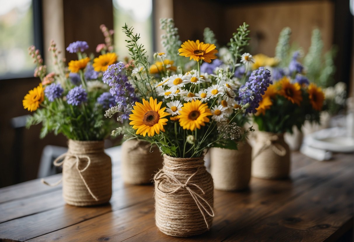Colorful eco-friendly wedding bouquets arranged in rustic, recycled vases with natural elements like twine and wildflowers