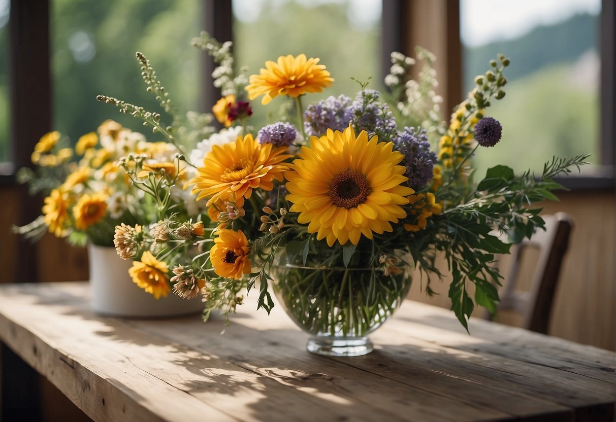 A table adorned with various eco-friendly bouquet options: wildflowers, recycled paper flowers, and sustainable foliage, arranged in a natural and organic manner