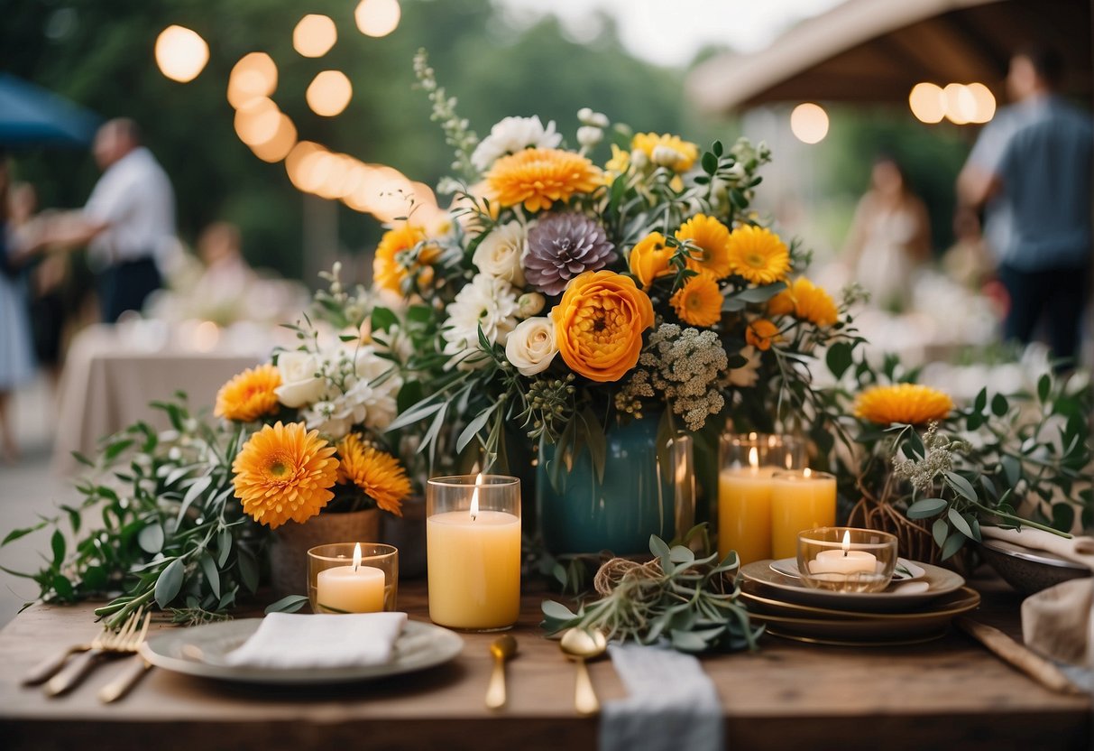 A table with various eco-friendly wedding bouquets, surrounded by vendors showcasing their sustainable sourcing practices