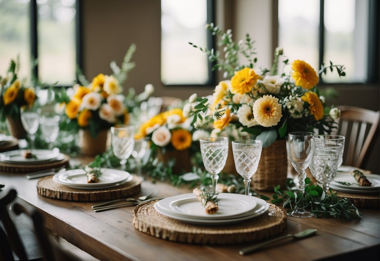 A table set with biodegradable wedding bouquets made from locally sourced, organic flowers and natural materials