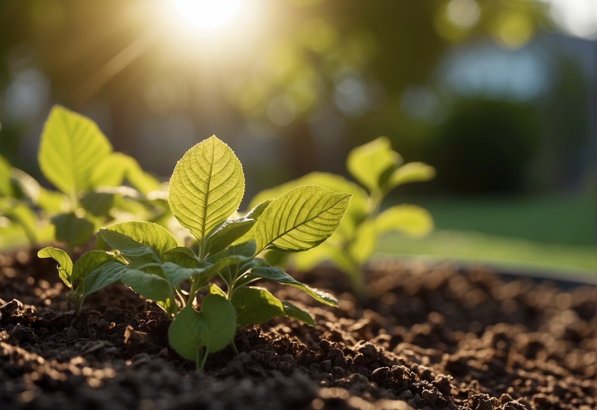 A sunny garden with well-drained soil and partial shade. Beautyberry plants are surrounded by mulch and spaced evenly apart