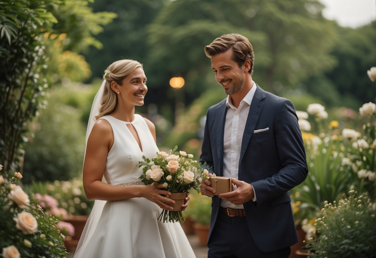 A bride and groom exchange eco-friendly gifts in a garden setting, surrounded by lush greenery and blooming flowers. The gifts include reusable items, potted plants, and biodegradable packaging