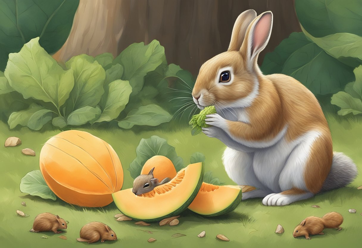 A rabbit nibbles on a juicy cantaloupe slice while a squirrel snatches a piece from the ground
