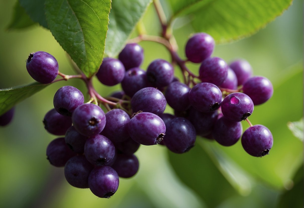 A beautyberry plant grows rapidly, its vibrant purple berries clustering along arching branches. Leaves are ovate, serrated, and arranged in opposing pairs