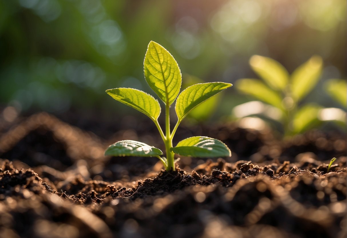 A small beautyberry plant is placed in the ground, surrounded by rich soil and mulch. The sun shines down on it, and a gentle breeze blows through the garden