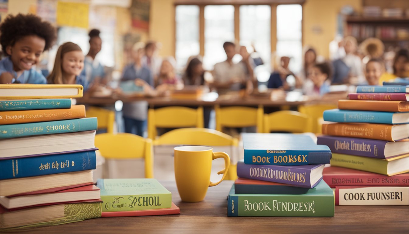 A table filled with colorful cookbooks, surrounded by excited students and teachers, with a banner reading "Cookbook School Fundraiser Success" hanging in the background