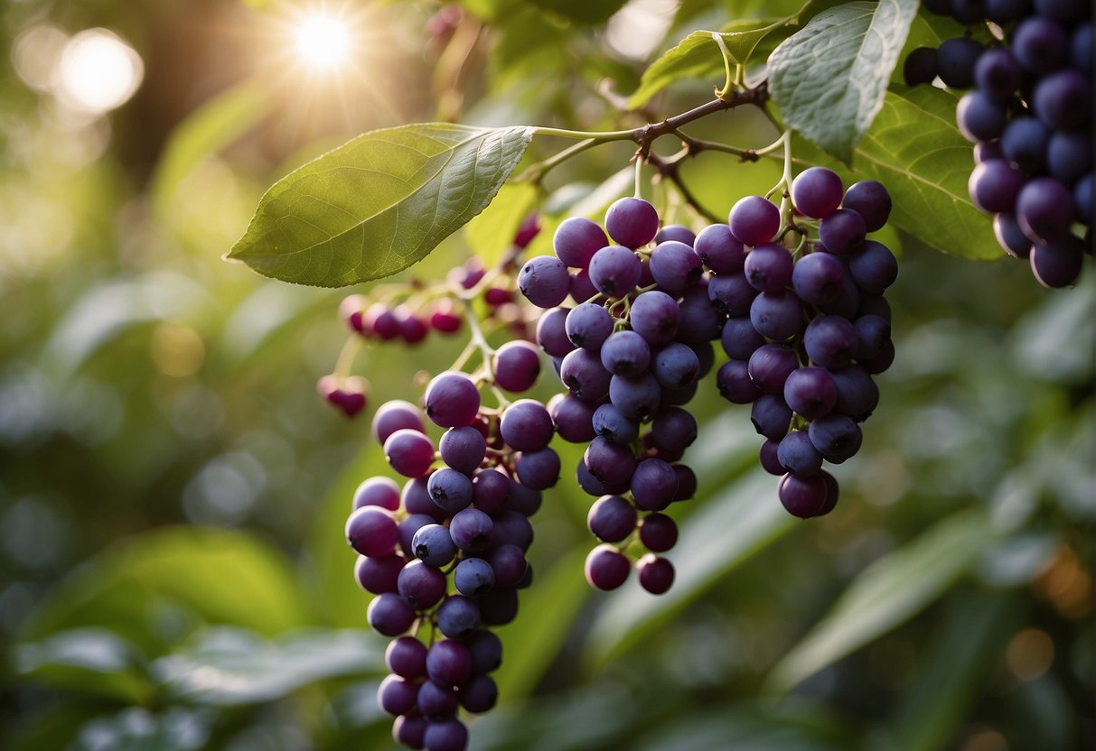 Sunlight filters through the dense foliage, illuminating clusters of vibrant purple beautyberries. A gentle breeze rustles the leaves, releasing ripe seeds ready for harvest