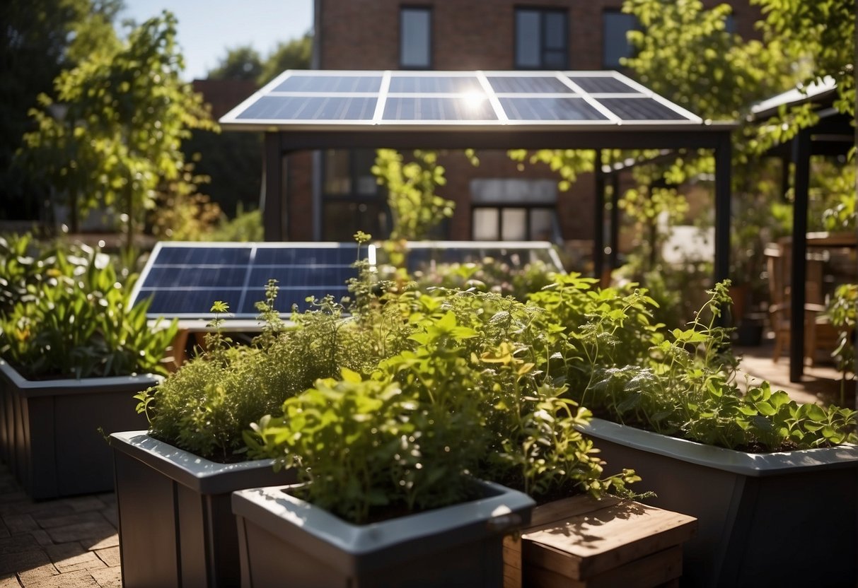 A lush outdoor space with solar panels, recycling bins, and a water-efficient garden, surrounded by eco-friendly buildings and sustainable decor