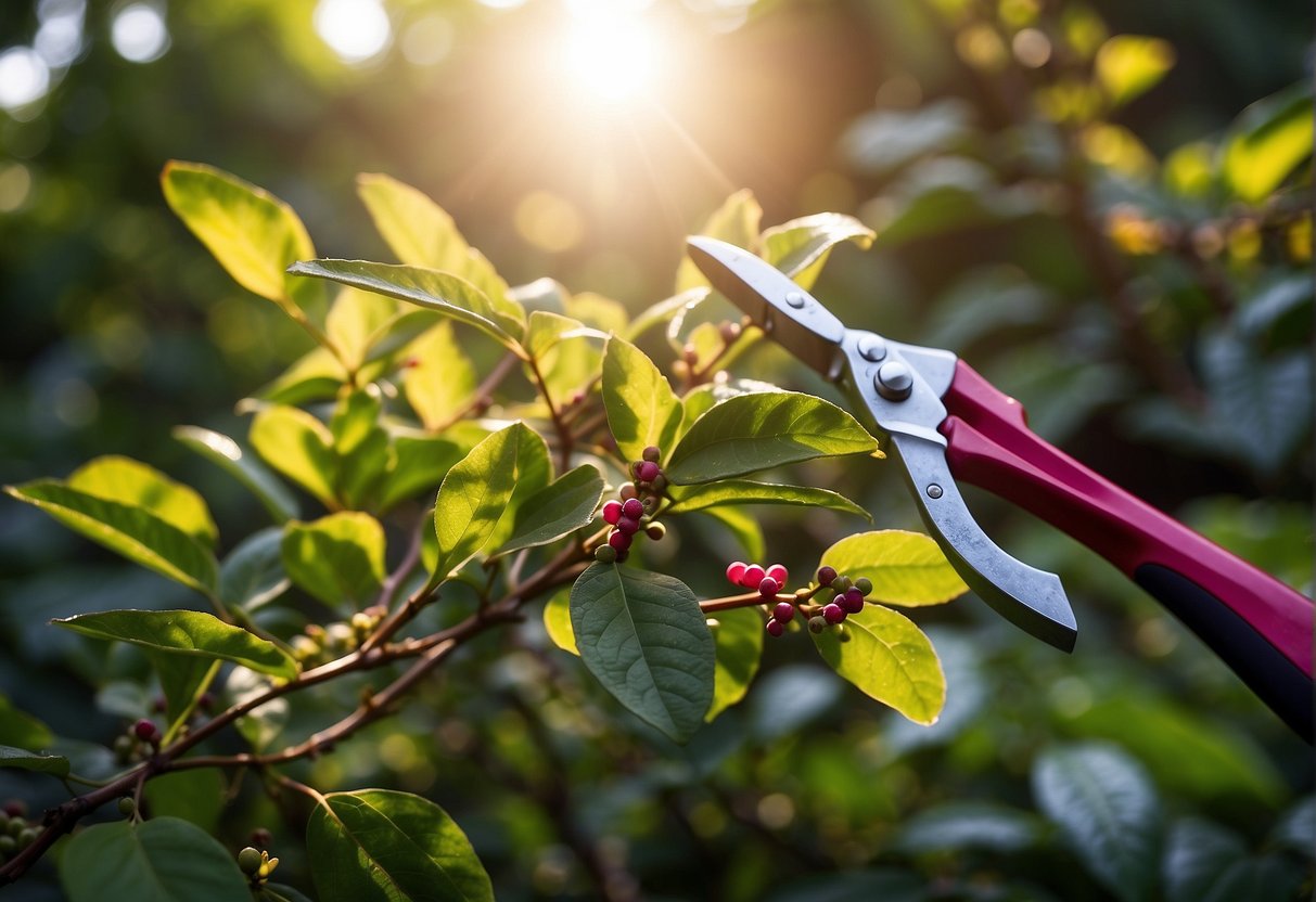 Sunlight filters through the trees onto a lush garden. A pair of pruning shears lies next to a vibrant beautyberry bush, ready to be used