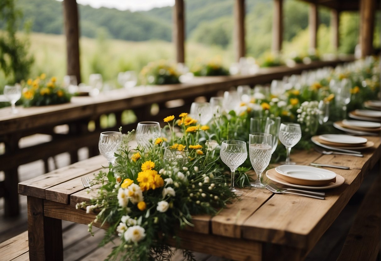 Lush greenery and wildflowers adorn rustic wooden tables in a sustainable wedding venue, creating a natural and eco-friendly atmosphere