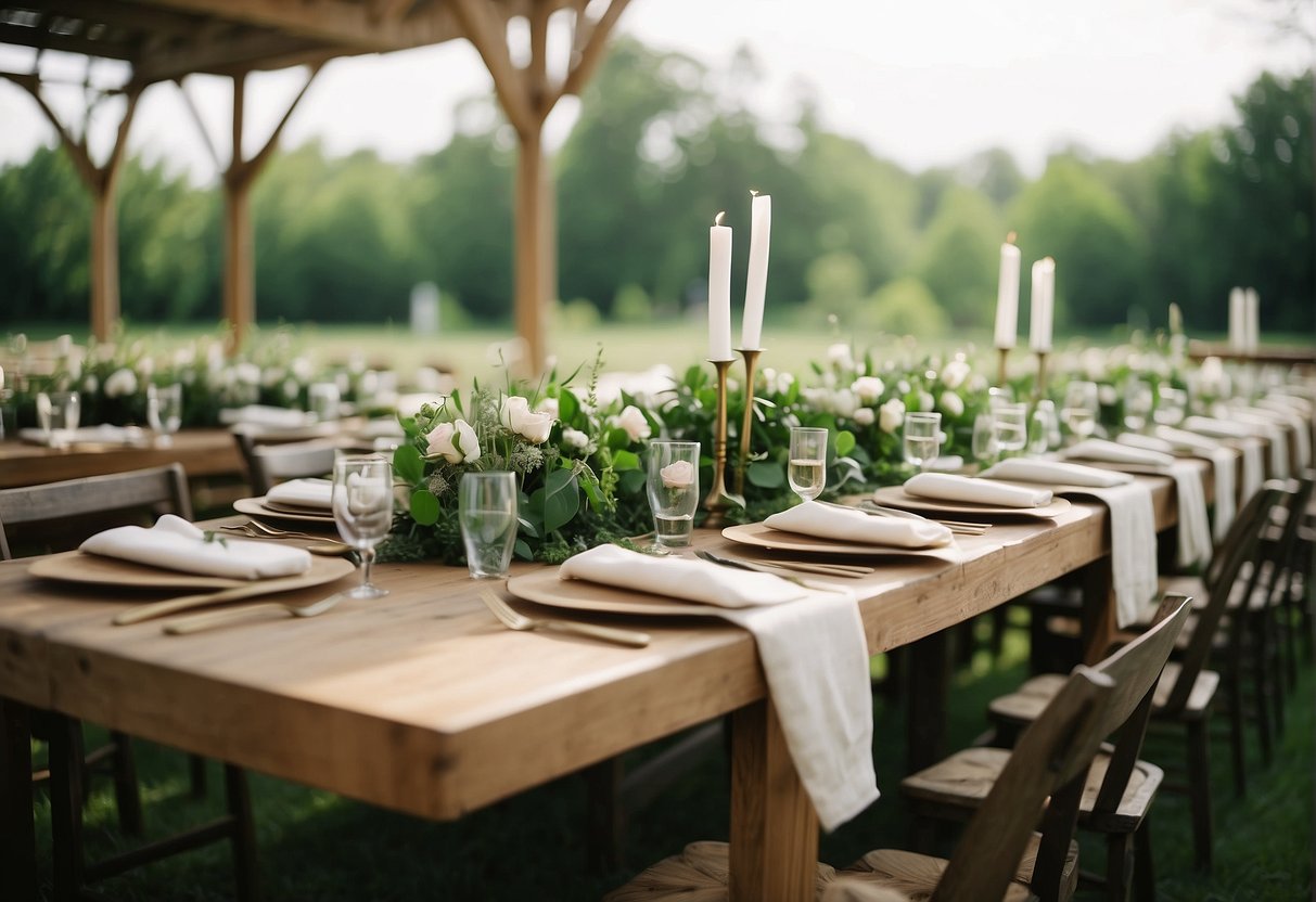 A table adorned with eco-friendly wedding favors and sustainable attire displayed in a natural, outdoor wedding venue