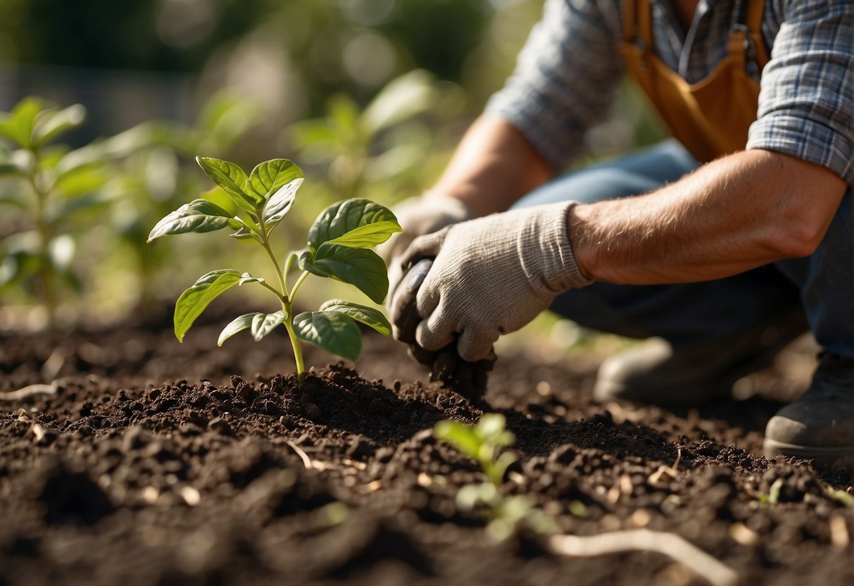 A gardener planting a beautyberry bush in fertile soil under dappled sunlight, gently patting the earth around the base of the plant