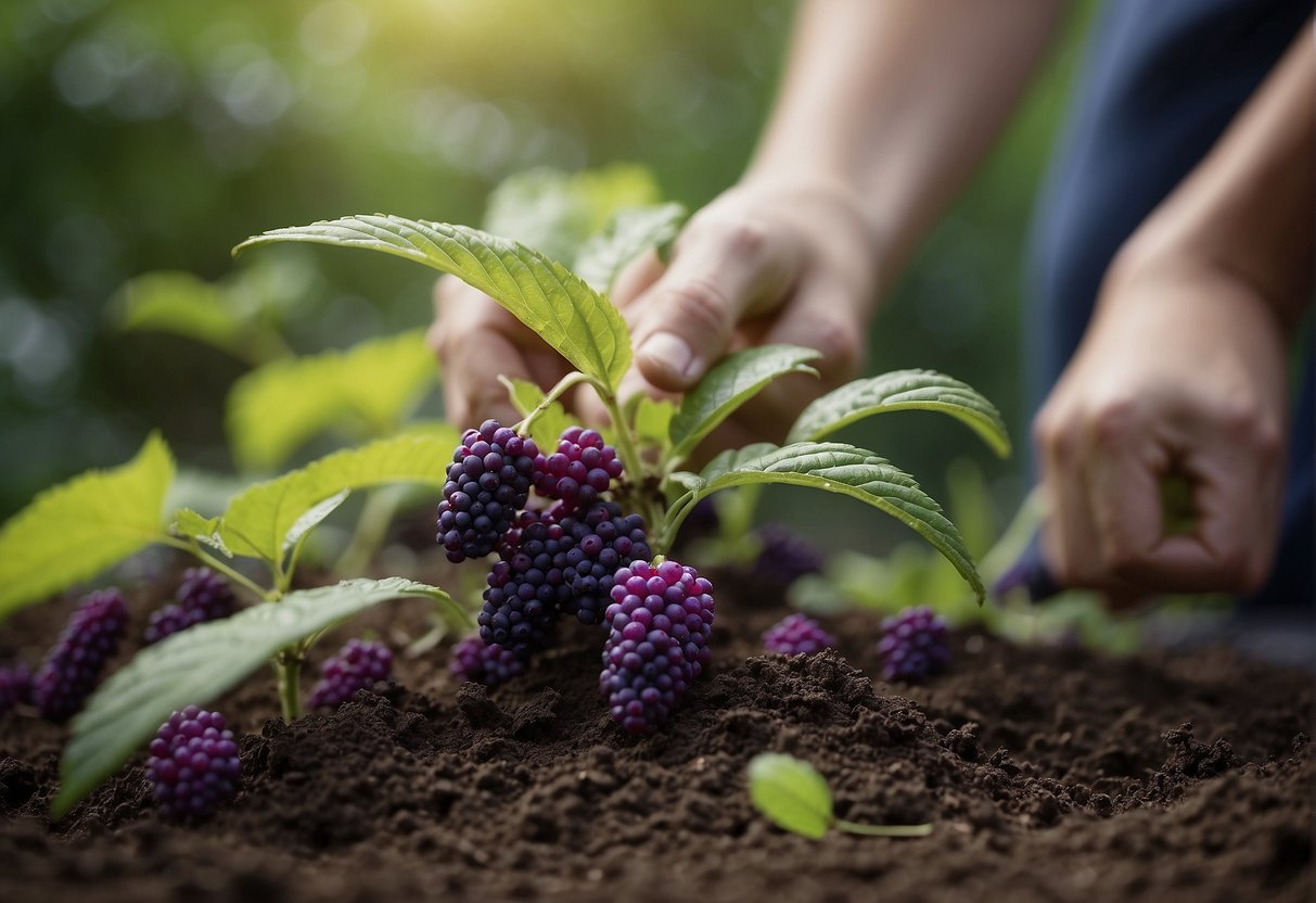 A gardener plants beautyberry in rich, well-drained soil under partial shade. They water the plant regularly and watch as it grows into a beautiful shrub with clusters of vibrant purple berries