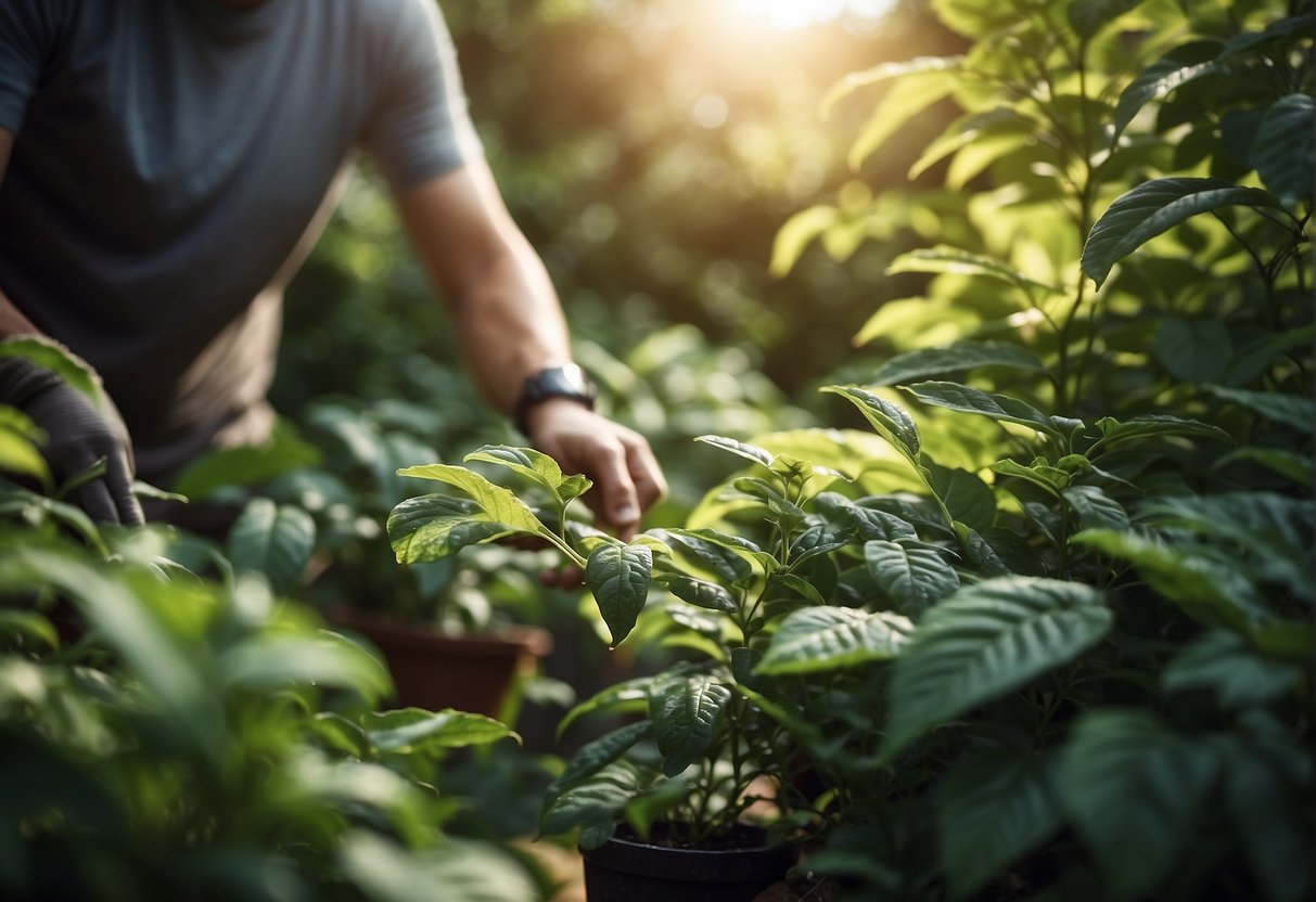 Lush green garden with a beautyberry bush, sunlight filtering through leaves, and a gardener watering the plant