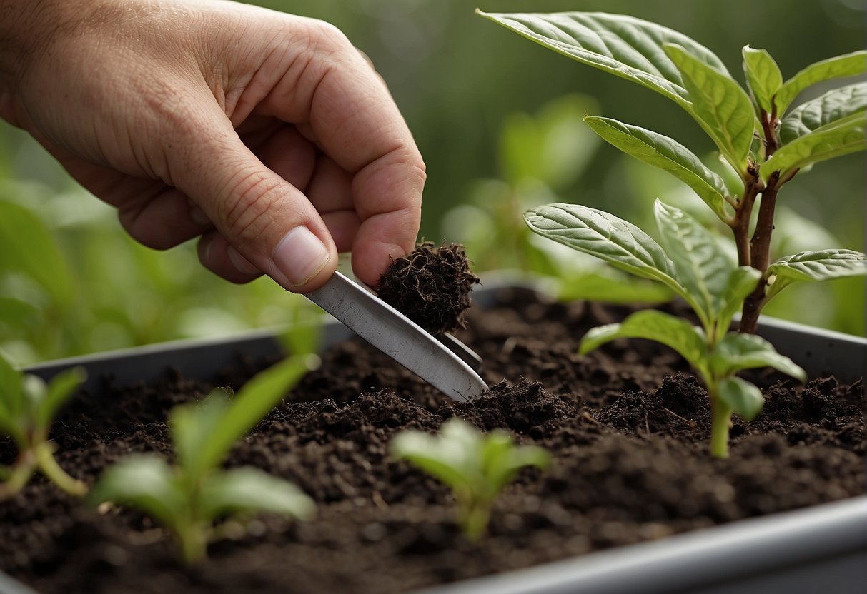 A gardener cuts a healthy stem from an American beautyberry plant and dips it into rooting hormone before planting it in a pot of moist soil