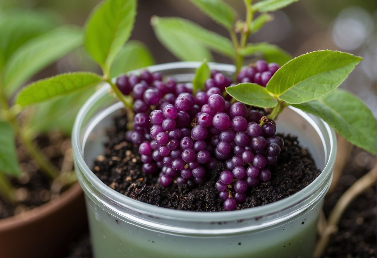 American beautyberry cuttings in water, rooting hormone, and soil. Gardening tools, gloves, and a guidebook on propagation techniques