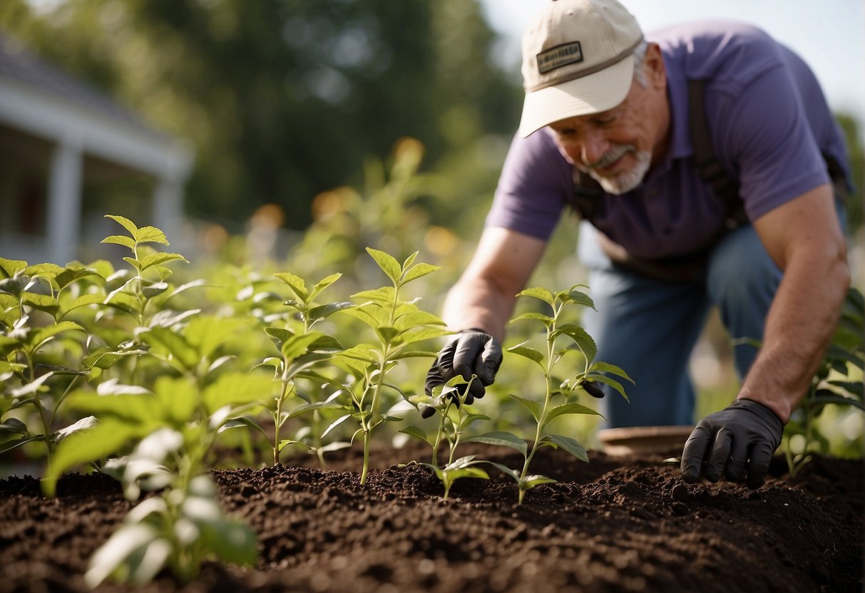 A gardener plants American beautyberry in rich soil, providing regular watering and sunlight. The plant is purchased from a local nursery or garden center