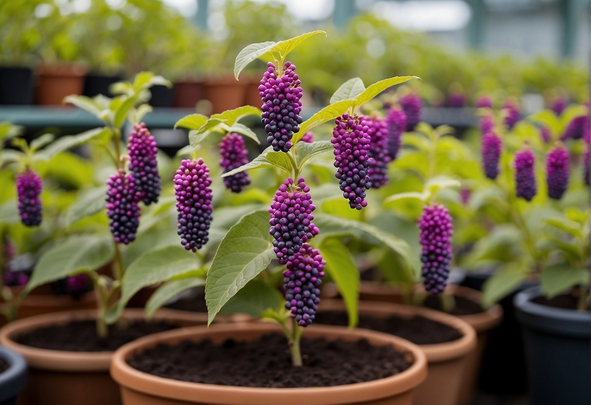 American beautyberry plants displayed in pots at a garden center with signs indicating propagation methods for sale