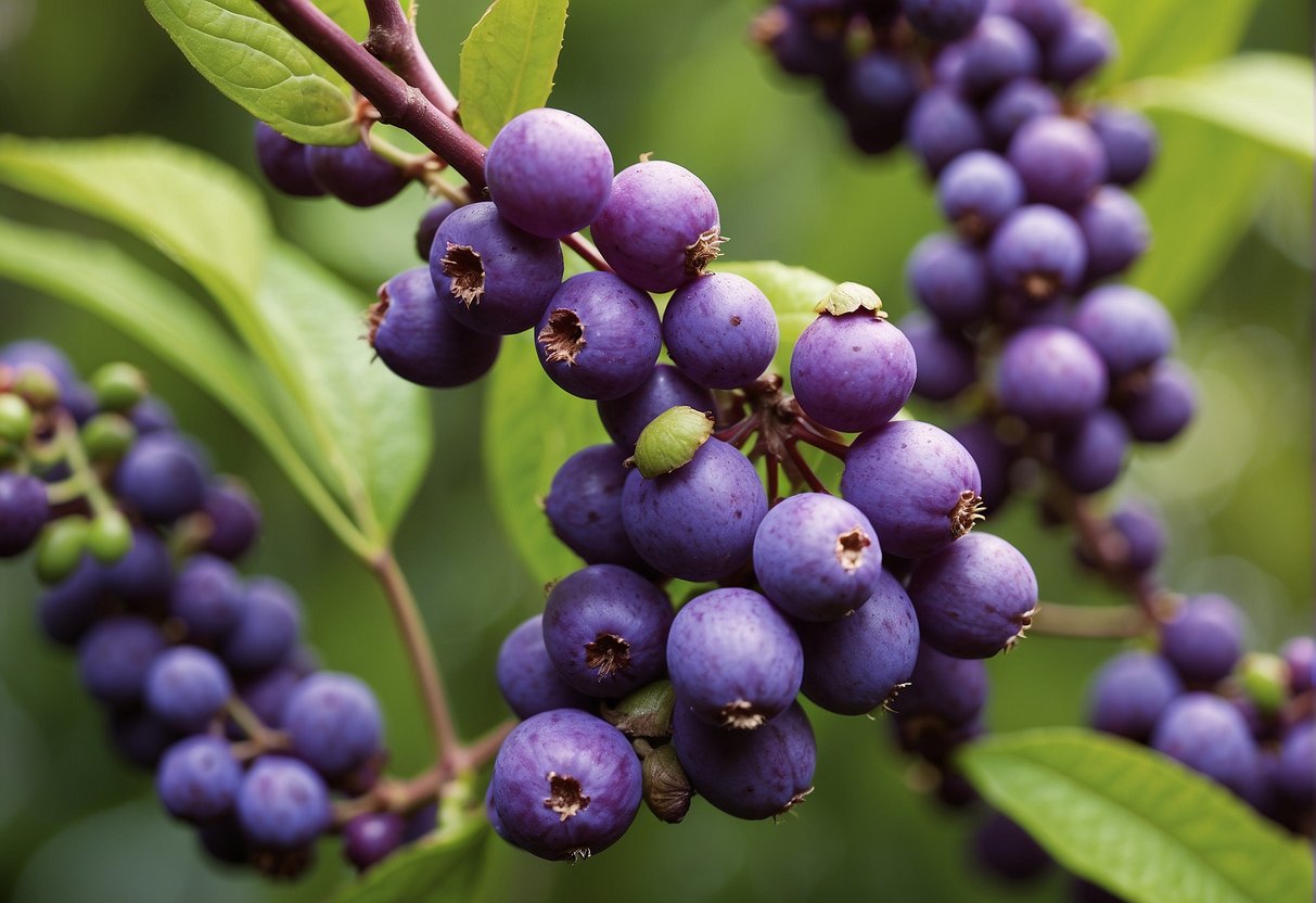 American beautyberry bushes with clusters of purple berries attract birds for feeding