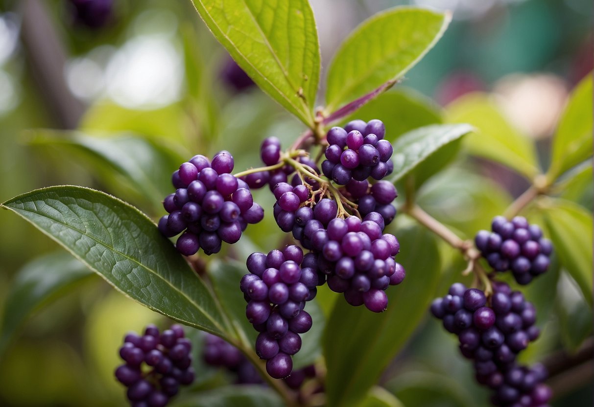 A vibrant beautyberry bush stands in a garden center, surrounded by other plants. Bright purple berries adorn the slender branches. Customers browse nearby