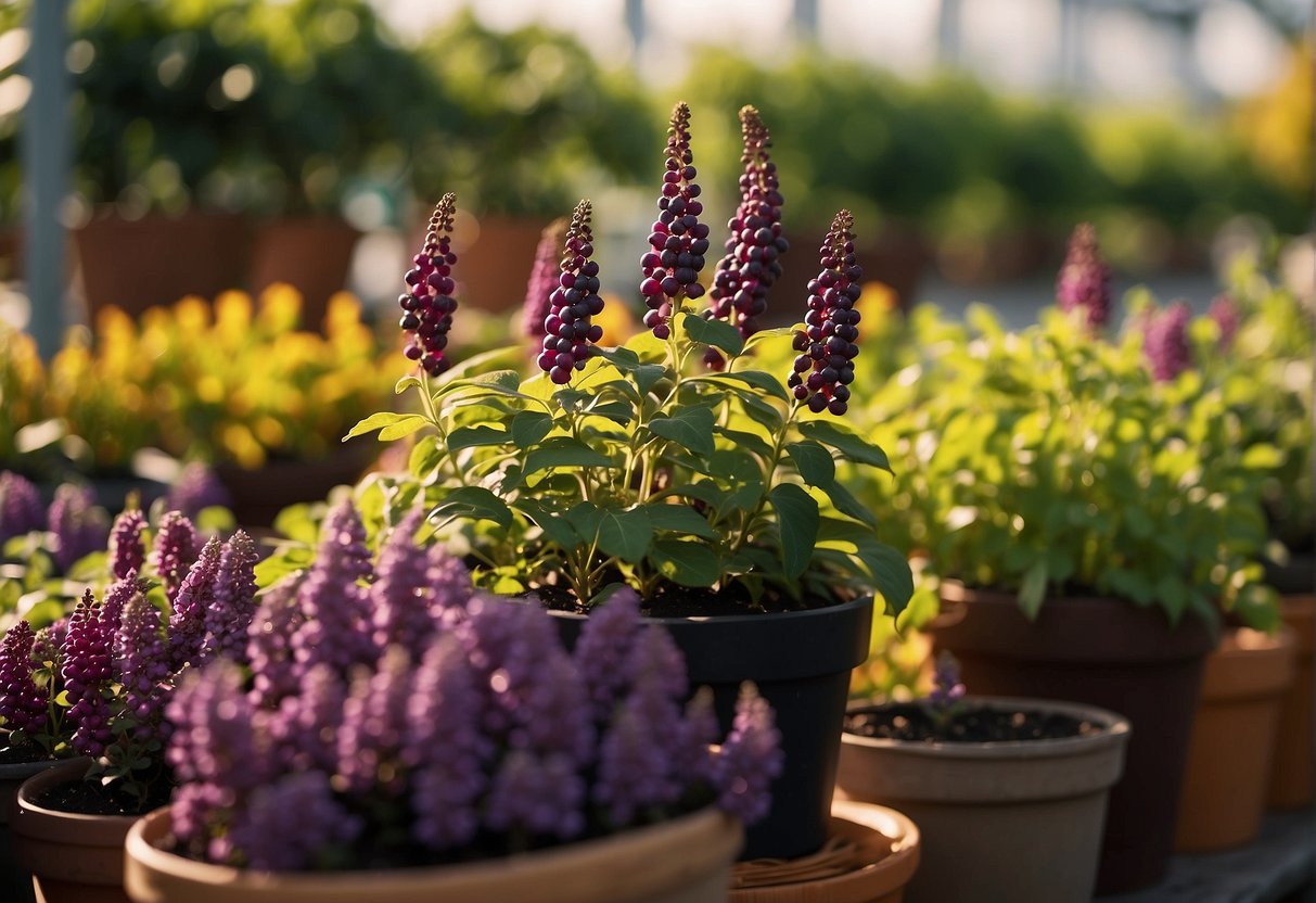 A garden center displays vibrant beautyberry bushes in pots, surrounded by other ornamental plants. The sun casts a warm glow on the foliage, and a sign advertises the availability of the plants for purchase
