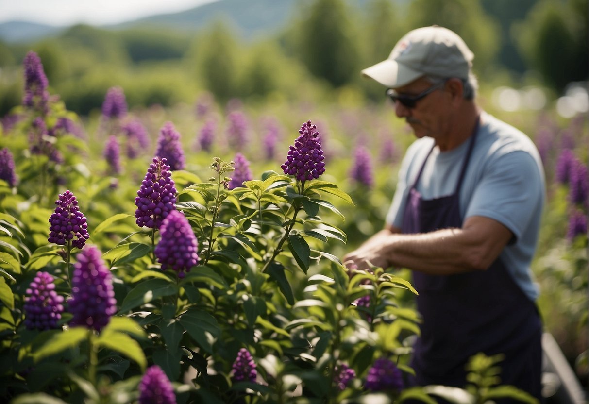 A customer carefully selects a vibrant beautyberry bush at a local nursery, surrounded by rows of greenery and colorful blooms