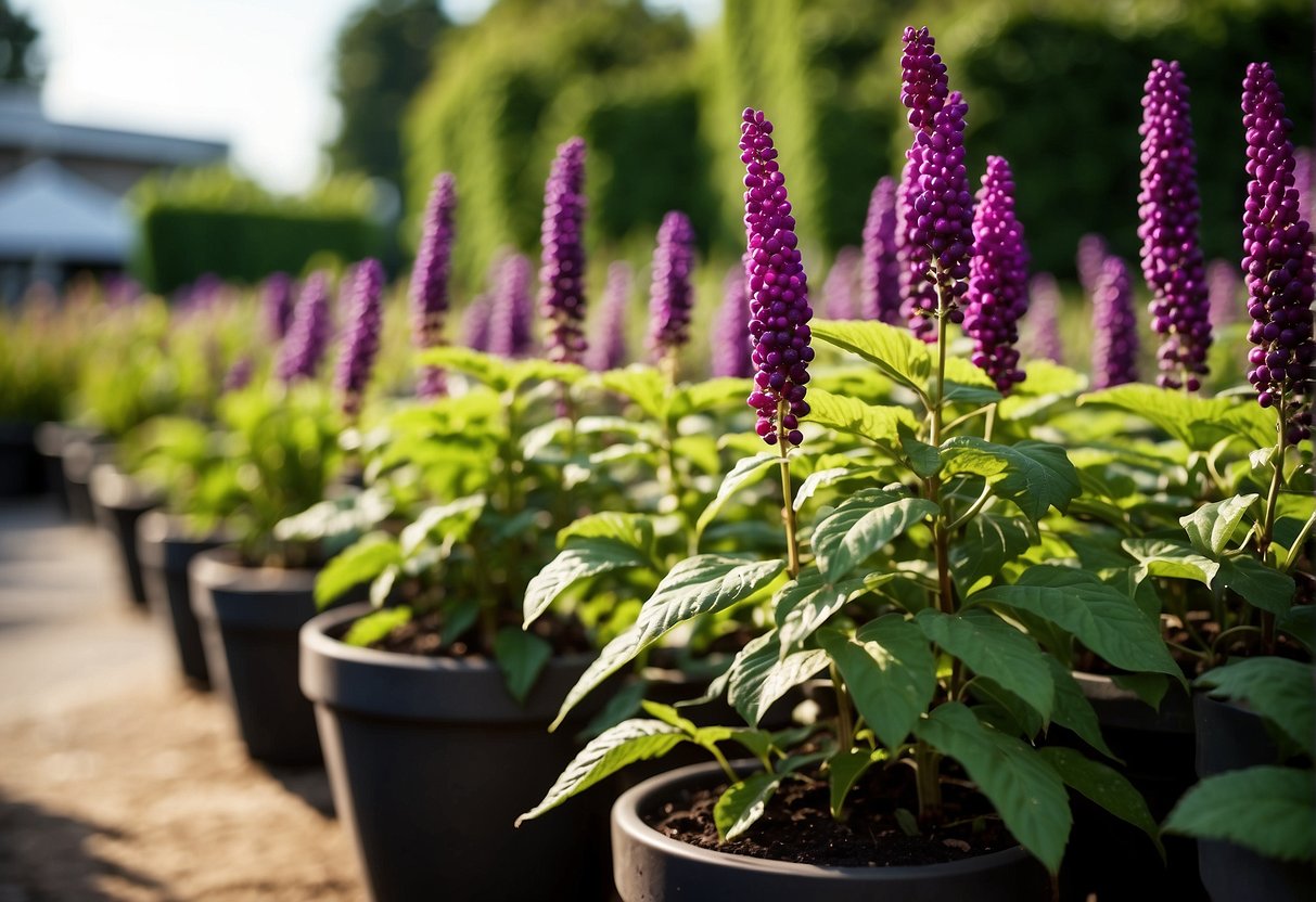 Lush garden center with rows of vibrant beautyberry bushes in pots, sign "Beautyberry Bushes for Sale" prominently displayed