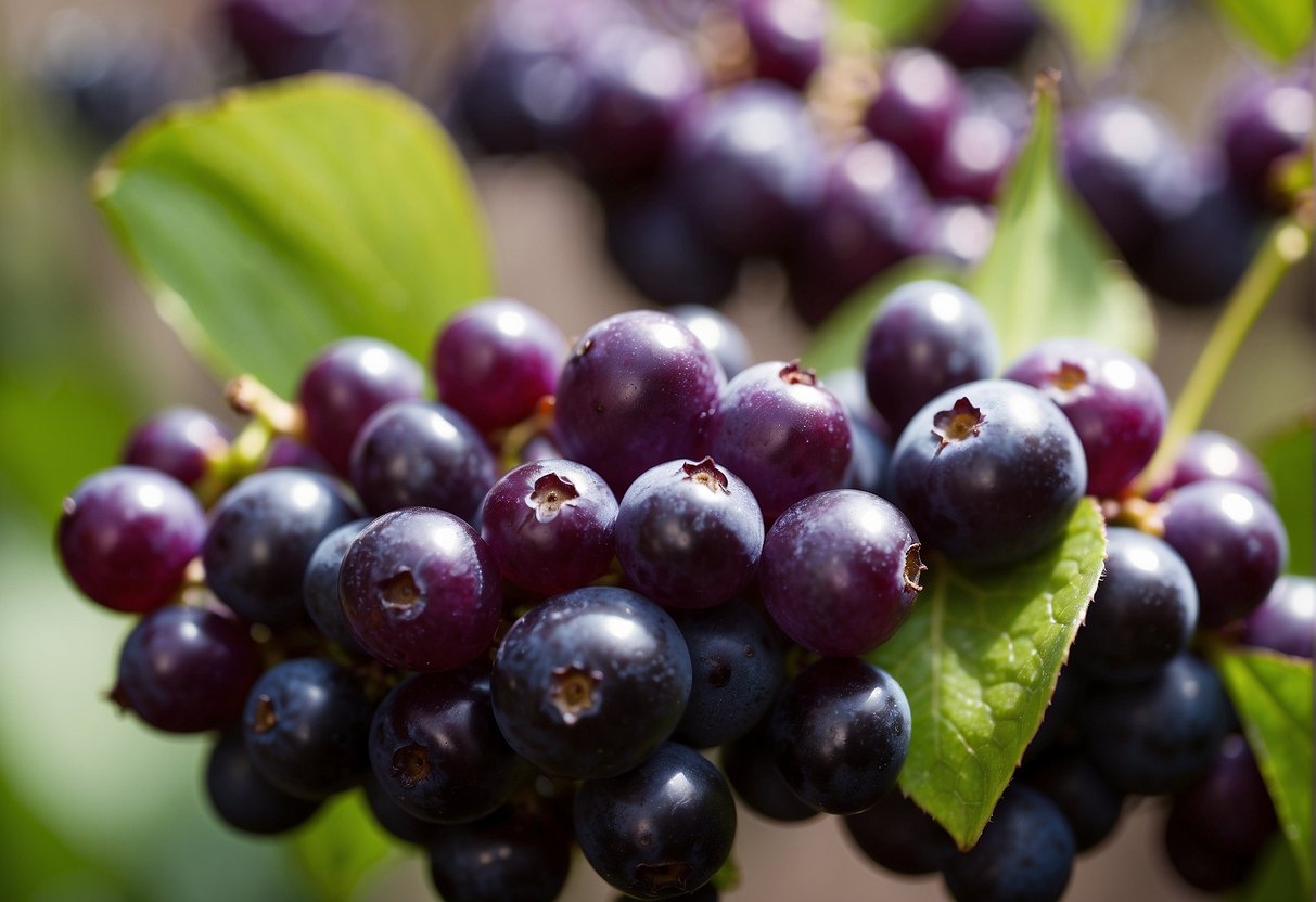 A cluster of vibrant purple beautyberries glisten in the sunlight, inviting a taste of their sweet and slightly tart flavor