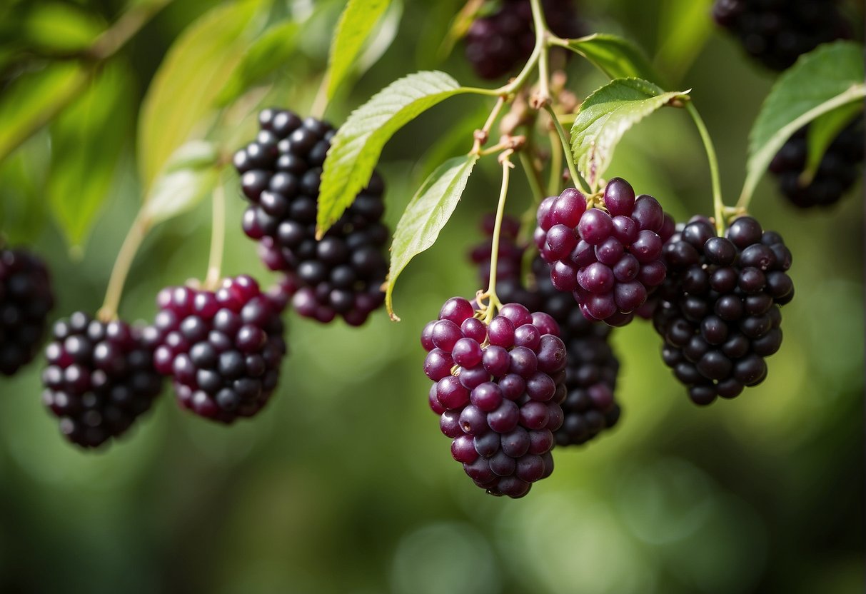 Ripe beautyberries hang from vibrant green branches, ready for harvesting. The sweet, slightly tart taste of the berries fills the air as they are carefully gathered and prepared for consumption
