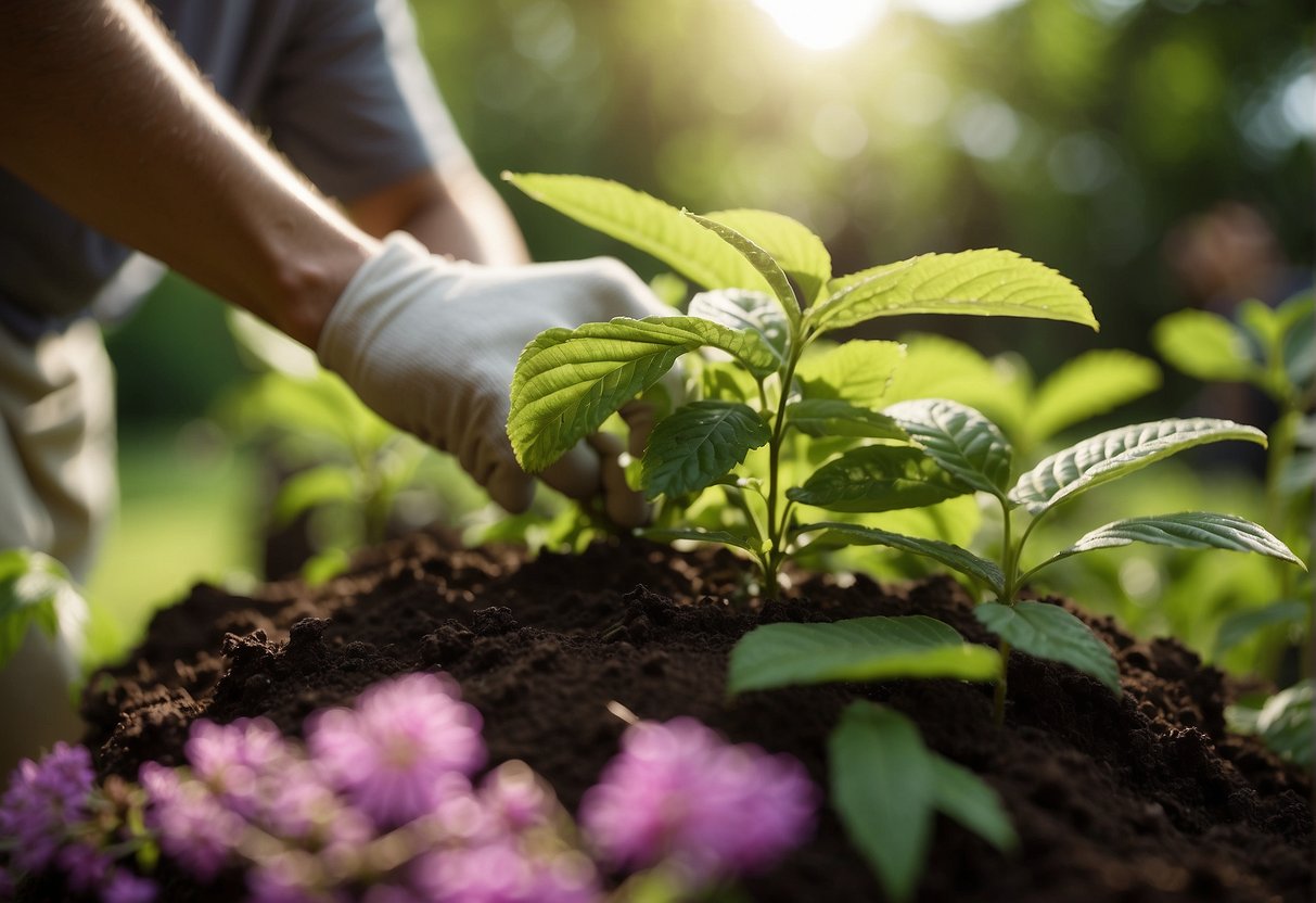 A gardener plants a beautyberry bush in rich soil, surrounded by lush green foliage and dappled sunlight
