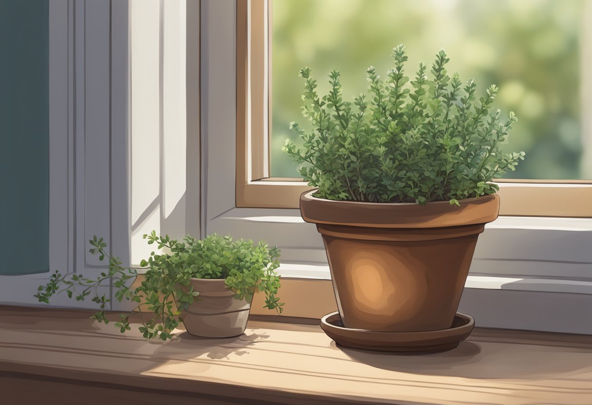 A small, clay pot sits on a windowsill, filled with fresh thyme sprigs