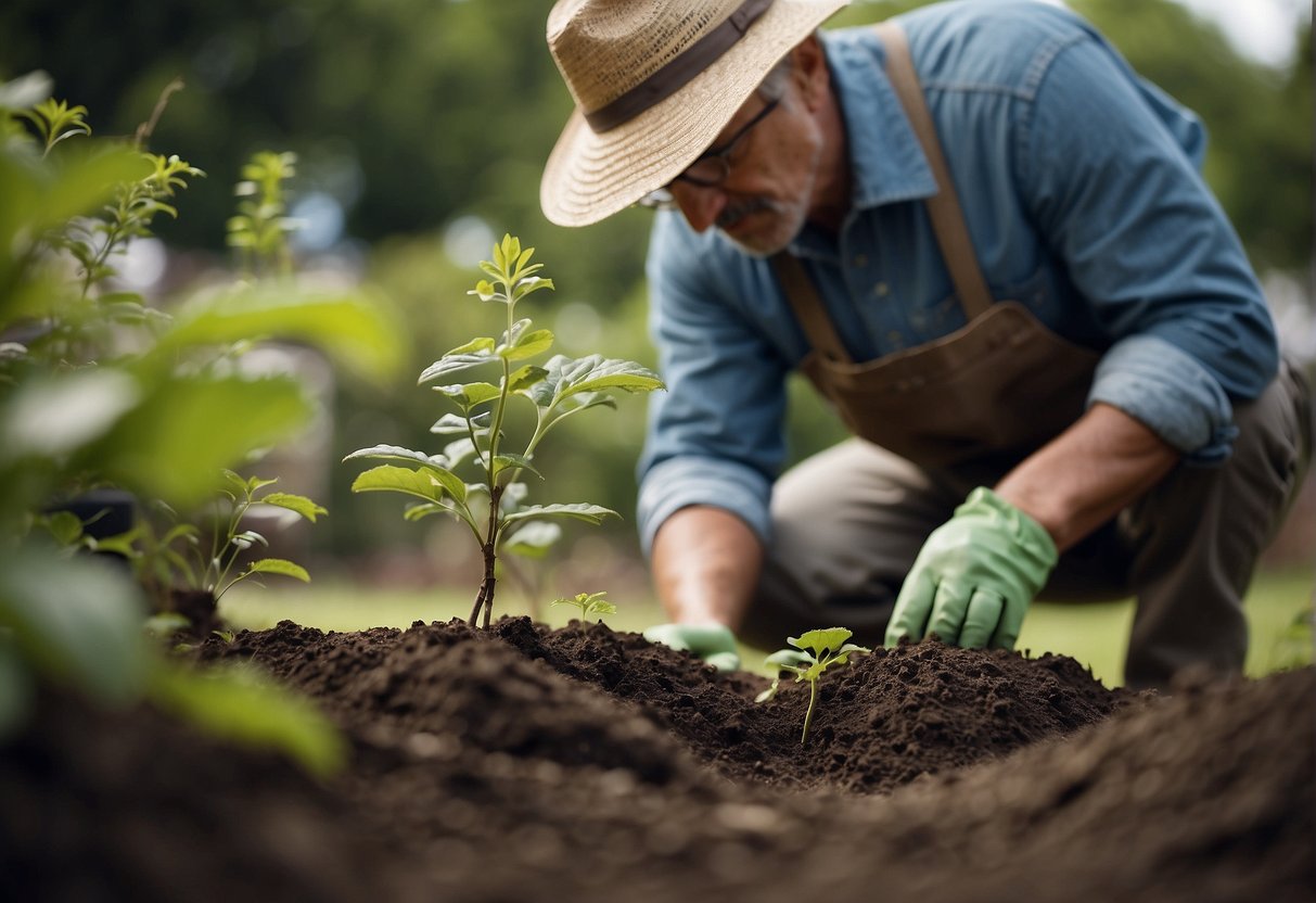 A gardener digs a hole, places a beautyberry plant in the ground, and waters it
