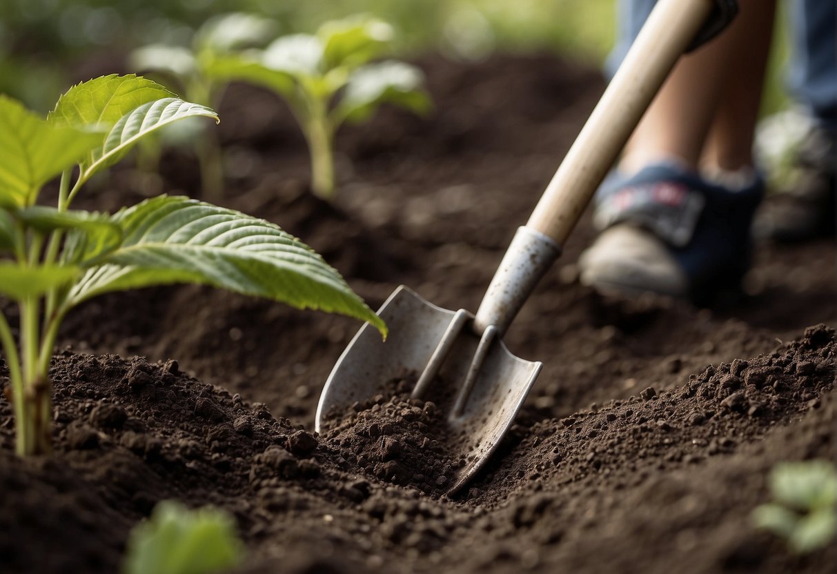 A shovel digs into the soil, making a hole for a beautyberry plant. A gardener carefully places the plant into the hole, patting the soil around it