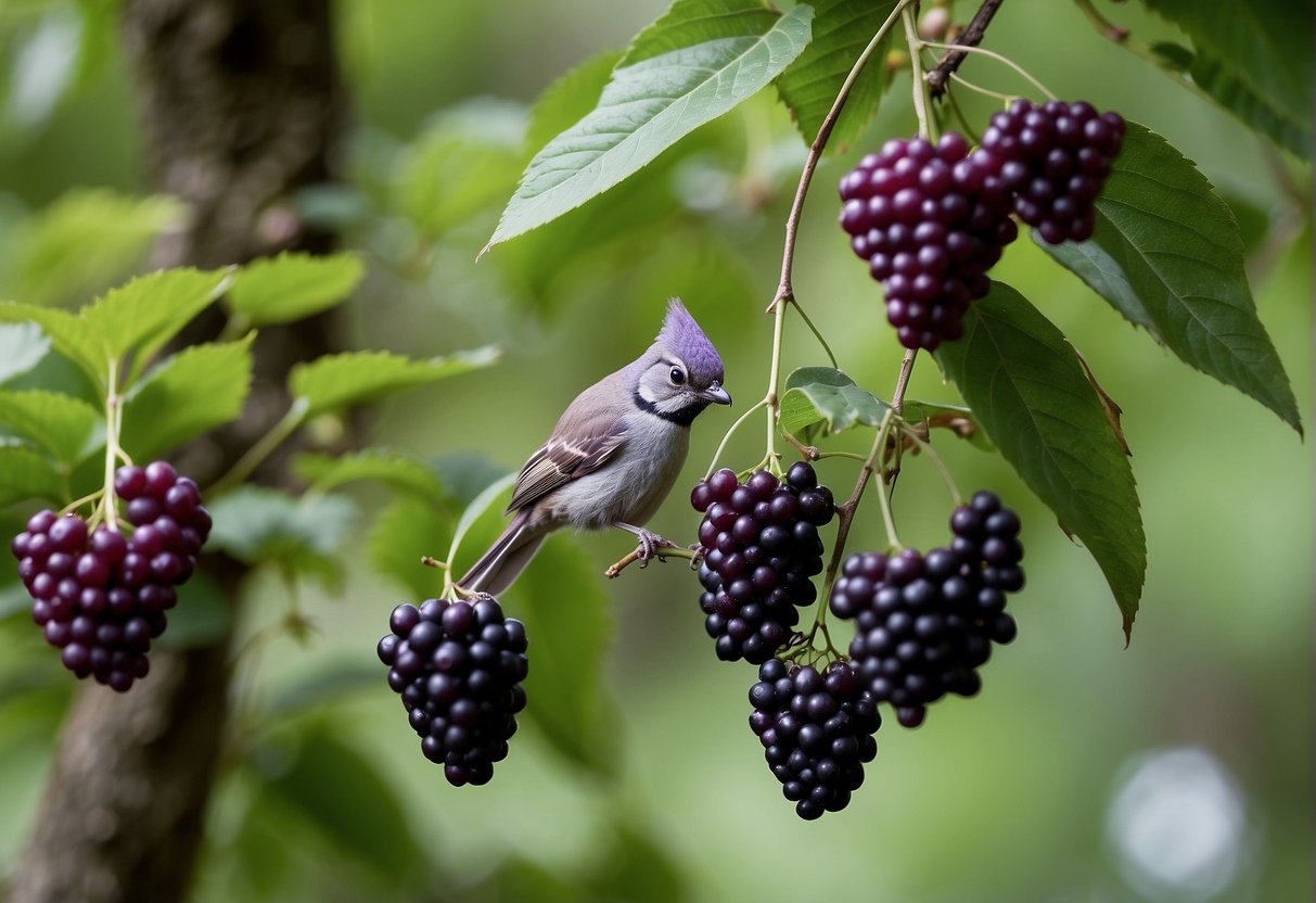 A cluster of vibrant purple beautyberries hangs from a slender branch, surrounded by lush green leaves. A small bird pecks at the berries, while a curious squirrel sniffs around the base of the bush