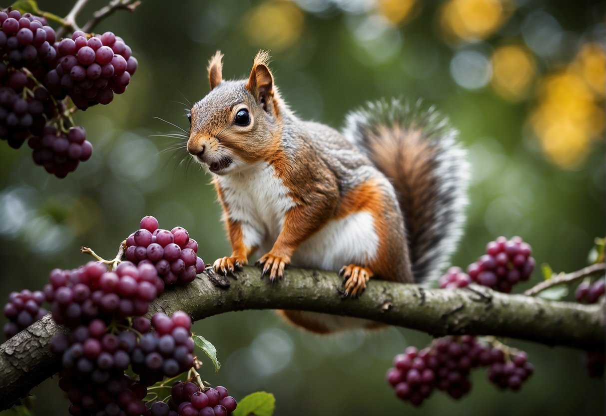 A squirrel nibbles on beautyberry fruits while birds perch nearby