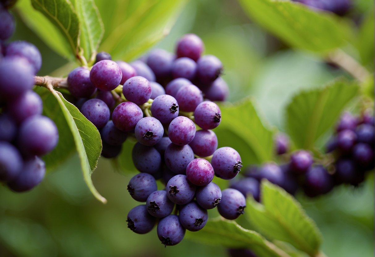 A cluster of American Beautyberry shrubs, reaching up to 6 feet in height, with vibrant purple berries clustered along the branches