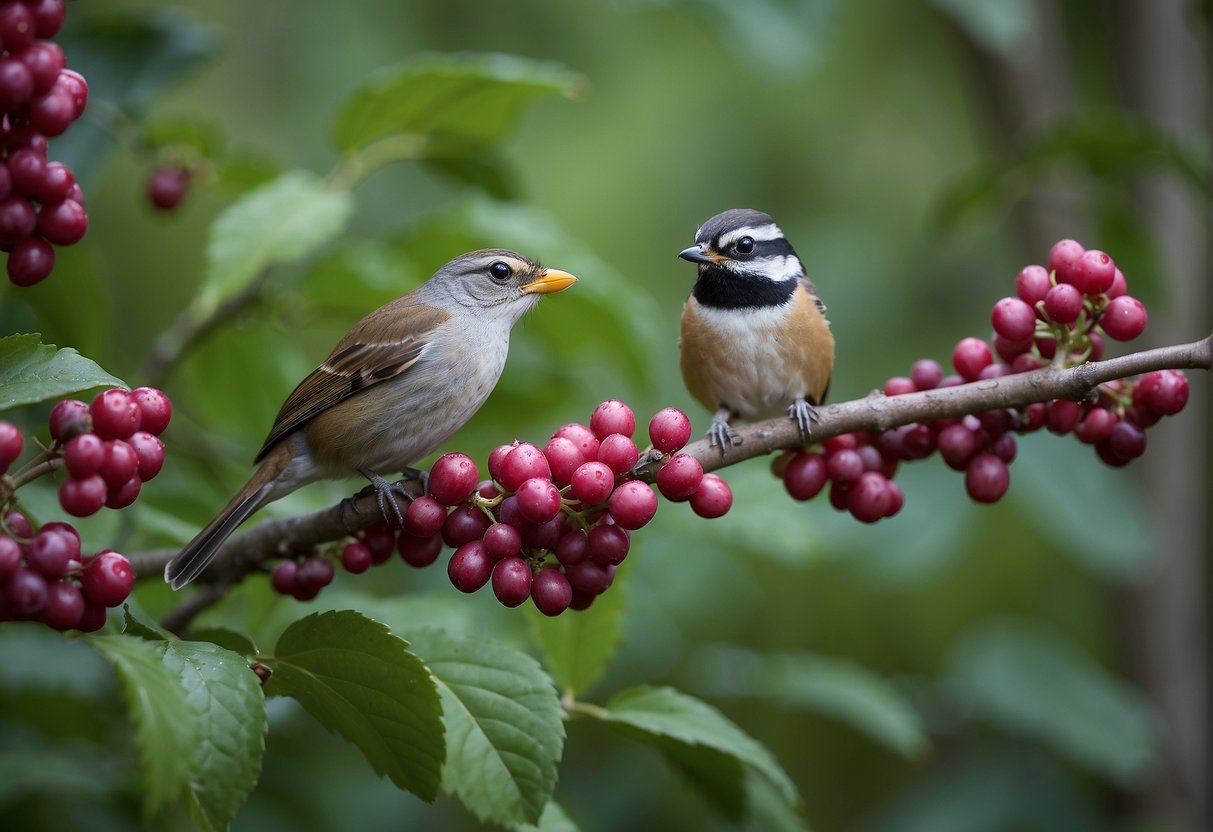 Birds, such as robins and mockingbirds, eat American beautyberries. Squirrels and raccoons also feed on the berries