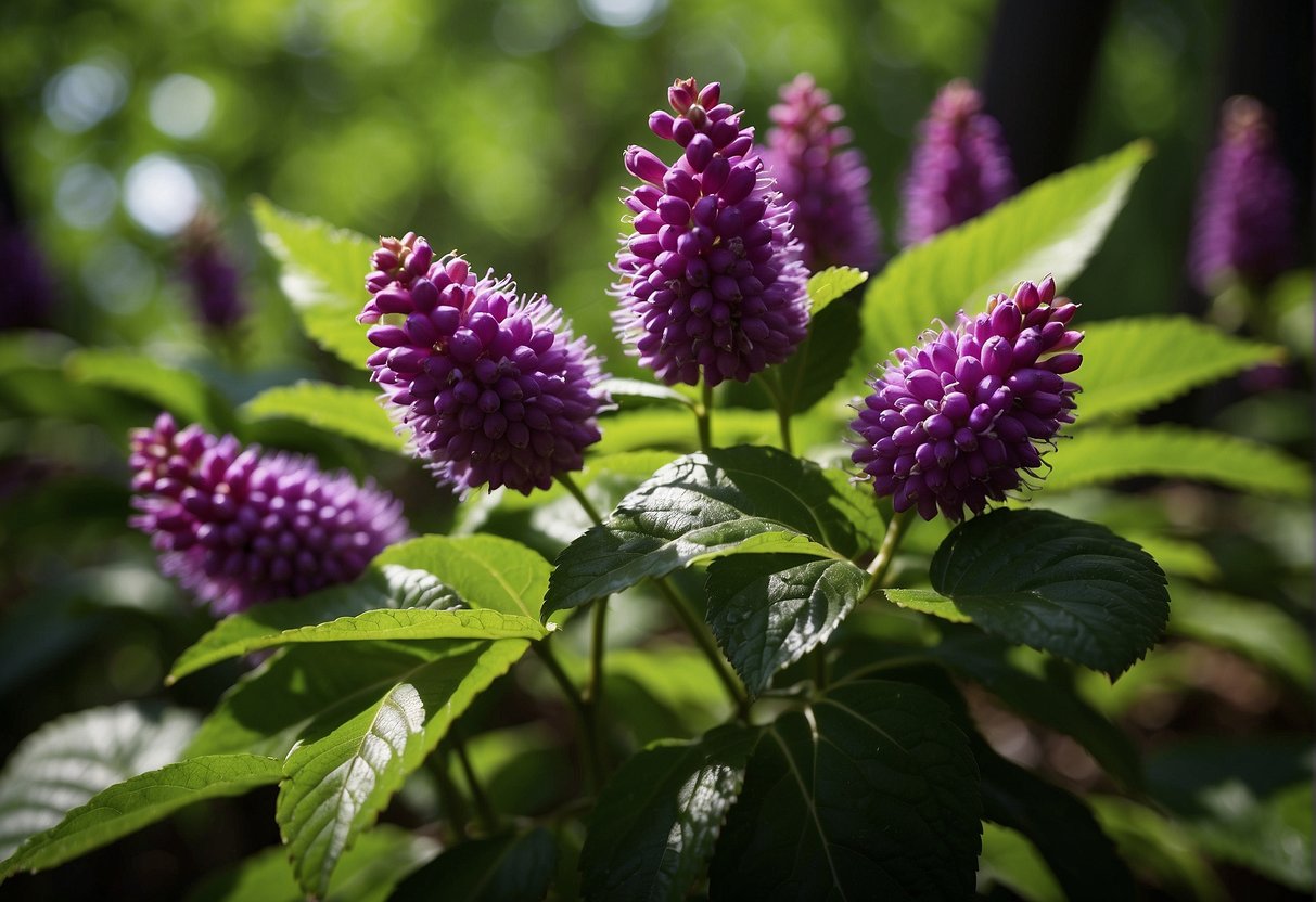 A lush forest floor with dappled sunlight, showcasing clusters of vibrant purple beautyberry bushes nestled among the green foliage