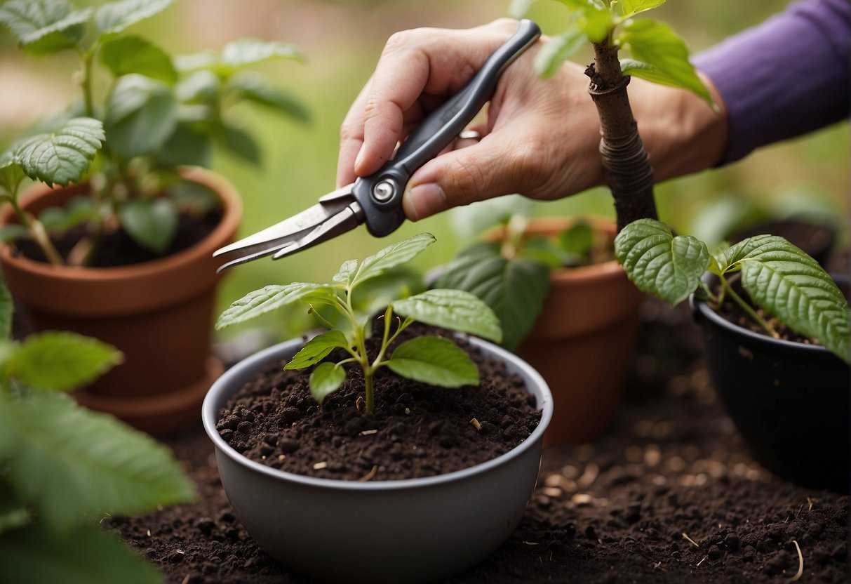 A pair of gardening shears snipping a healthy beautyberry stem, placing it in a small container of water, and then carefully planting it in a pot filled with moist soil