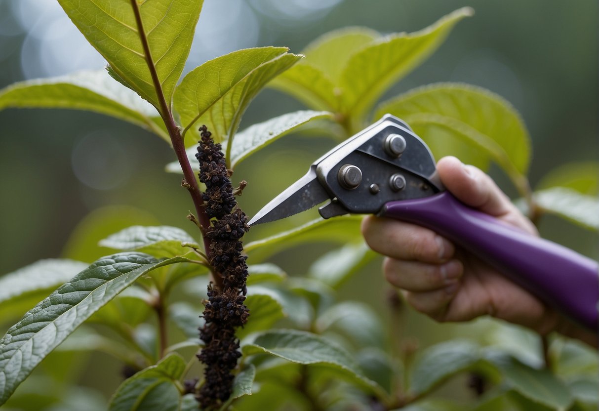 A pair of pruning shears snipping a healthy beautyberry stem. A small pot filled with moist soil and rooting hormone nearby
