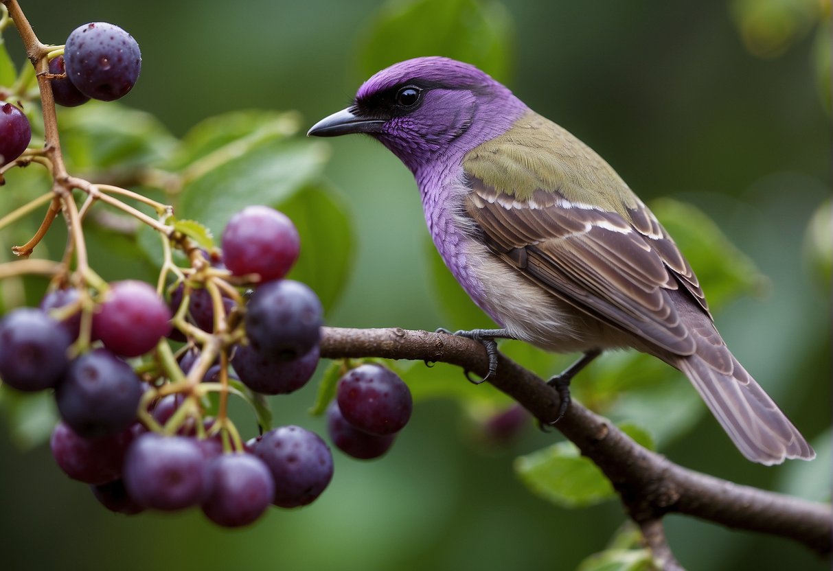 A bird perches on a branch, pecking at ripe American beautyberries. Insects buzz around the vibrant purple clusters, drawn to their sweet scent