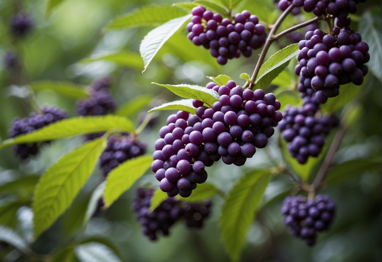 American beautyberry bush in a forest, surrounded by native wildlife like birds, deer, and small mammals feeding on its vibrant purple berries