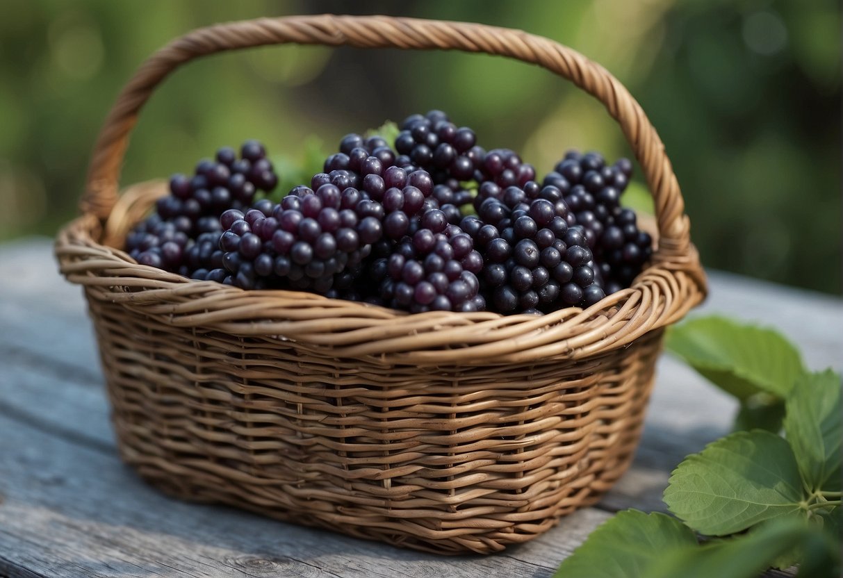 A pair of gardening gloves carefully harvests and preserves beautyberry clusters in a rustic basket