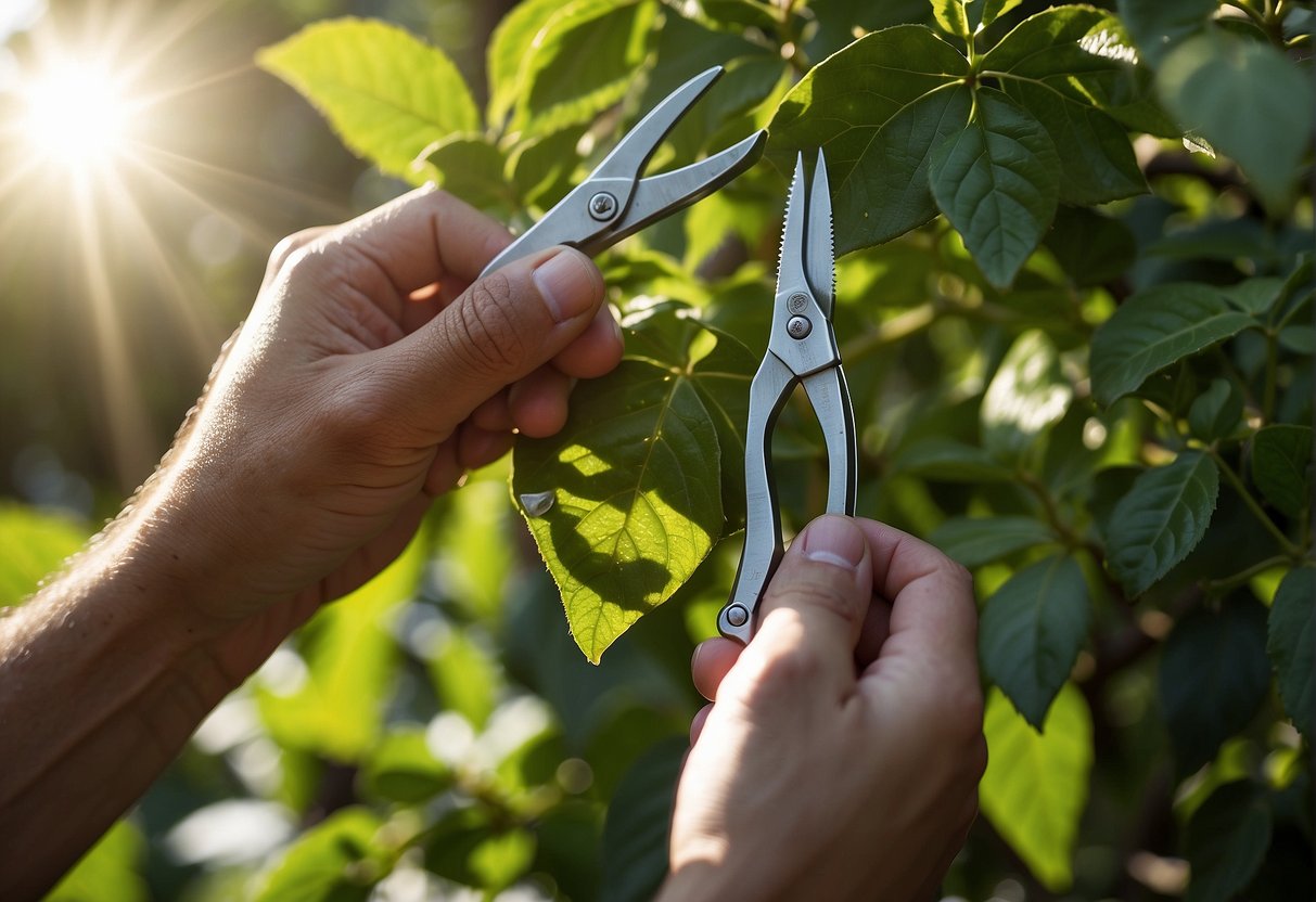 A pair of pruning shears cuts through the overgrown branches of a beautyberry bush in a Florida garden. The sun shines down on the vibrant green foliage as the gardener carefully shapes and trims the plant