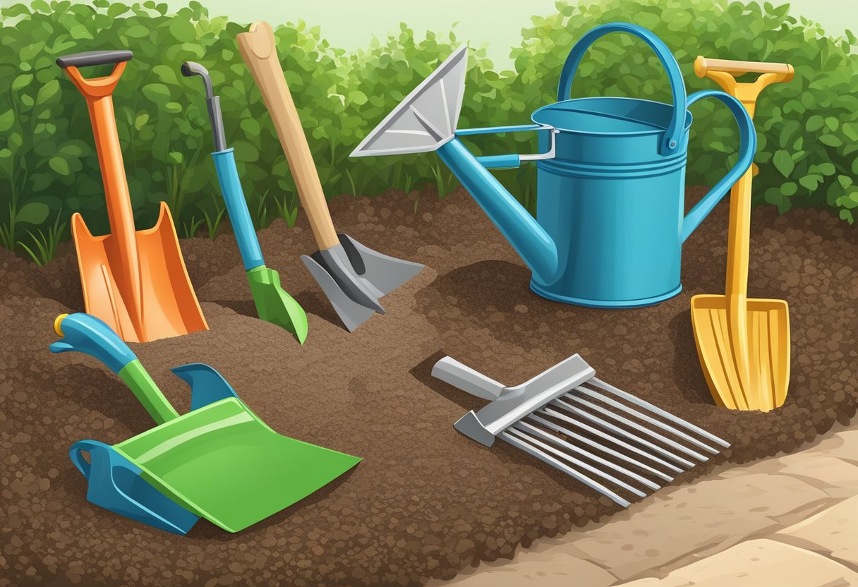 A shovel, rake, hoe, and watering can lay on the ground in a garden