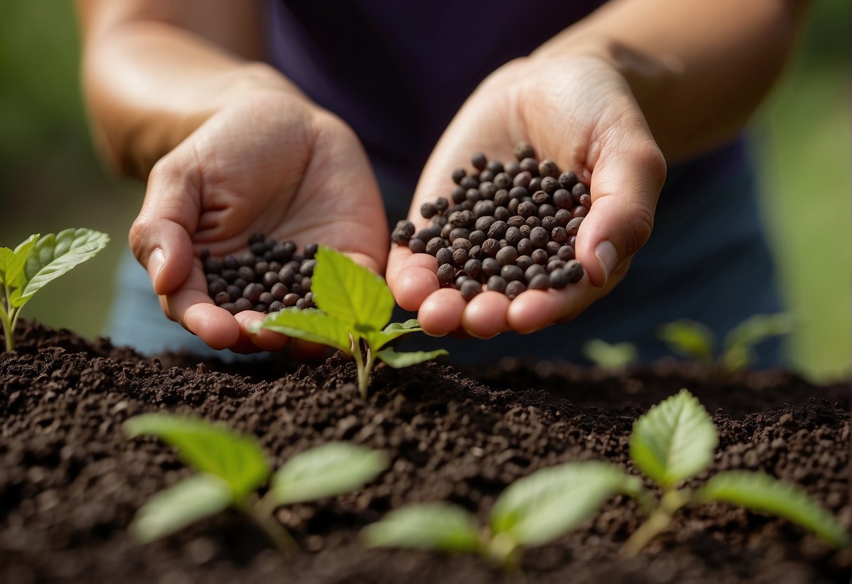 A hand reaches into soil, dropping small beautyberry seeds. The hand lightly covers the seeds with soil, then waters the area