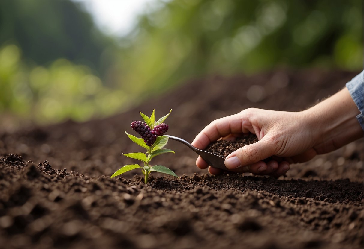 A hand holding a small beautyberry seed over a freshly tilled soil, with a gardening trowel nearby for planting