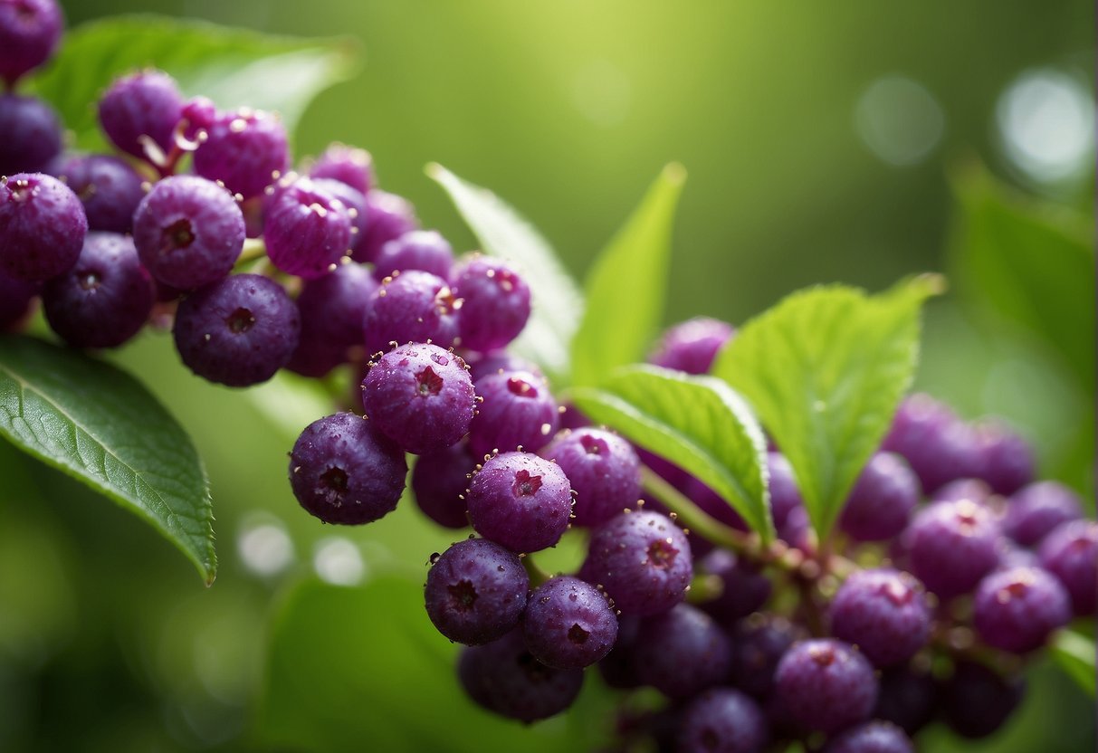 A cluster of vibrant purple beautyberry blooms against a backdrop of lush green leaves, with delicate petals and small berries emerging