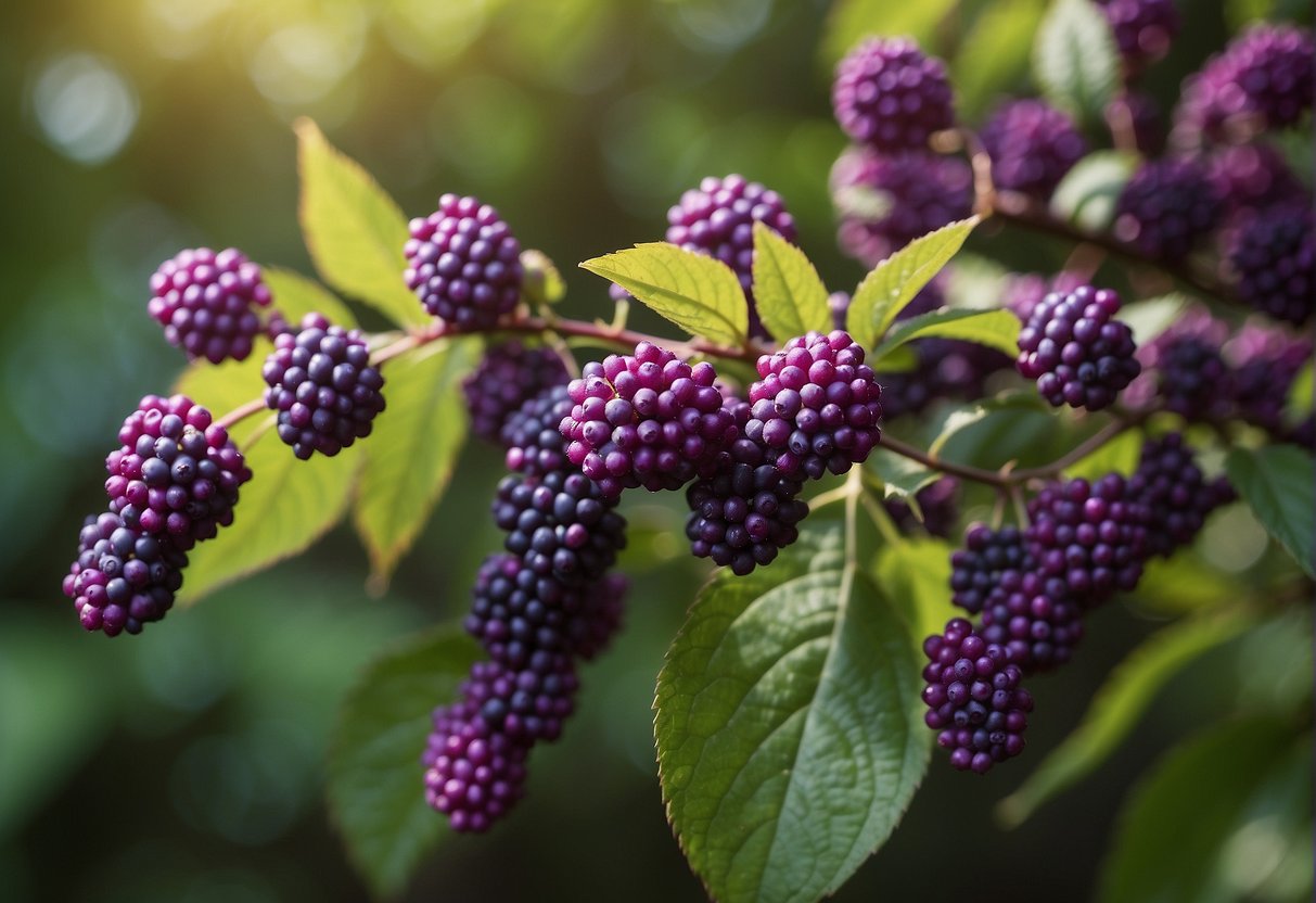 The beautyberry blooms in late summer, with clusters of tiny, vibrant purple flowers adorning the arching branches of the shrub